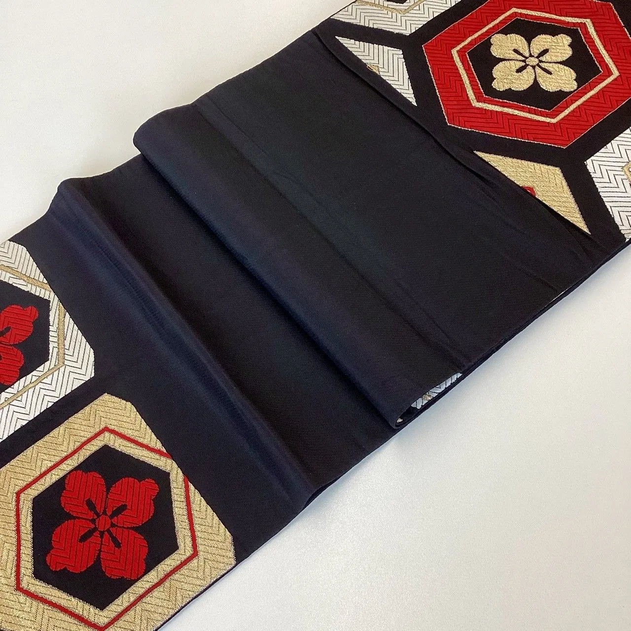 7274# Japanese Vintage Fukuro Obi Belt Kimono Fabric Silk Traditional Black