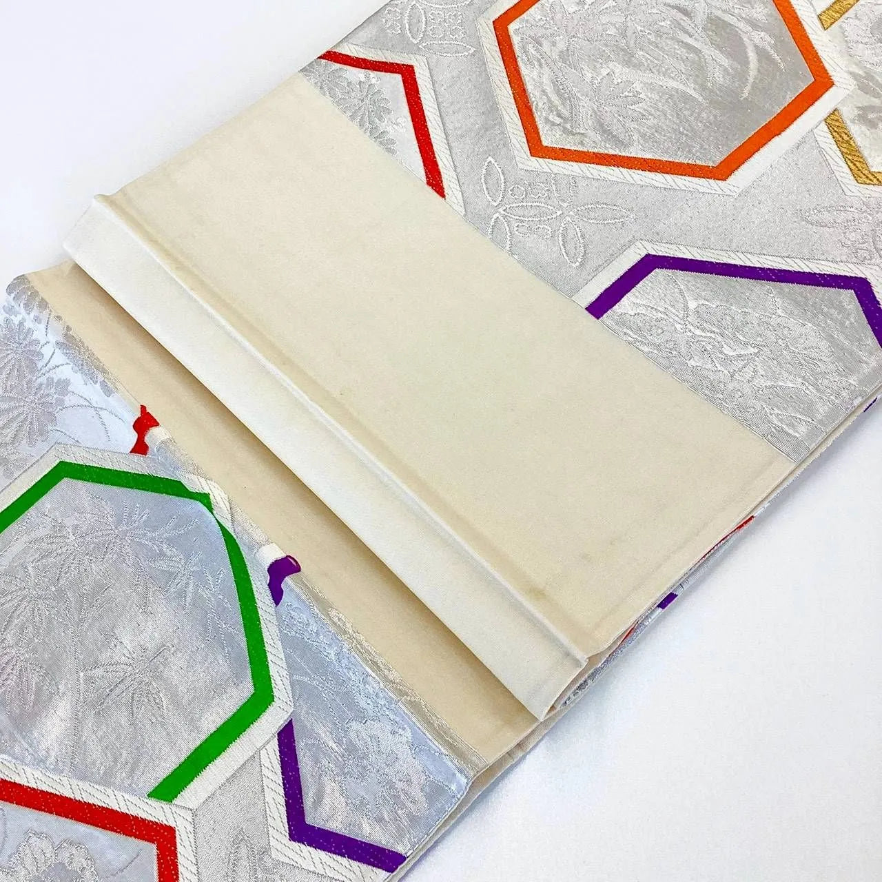 7275# Japanese Vintage Fukuro Obi Belt Kimono Fabric Silk Traditional Silver