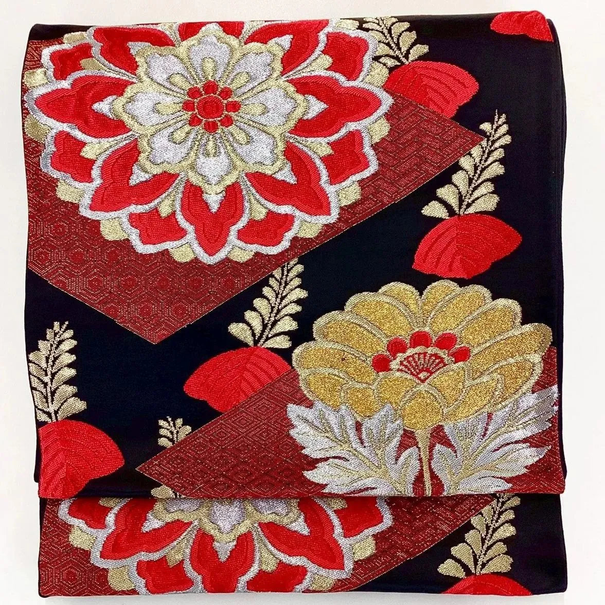 7262# Japanese Vintage Fukuro Obi Belt Kimono Fabric Silk Traditional Black