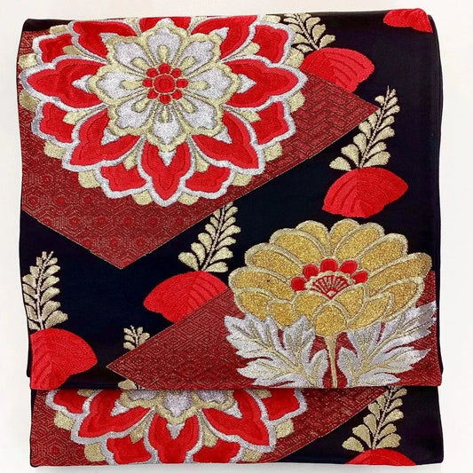 7262# Japanese Vintage Fukuro Obi Belt Kimono Fabric Silk Traditional Black