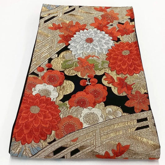 7266# Japanese Vintage Fukuro Obi Belt Kimono Fabric Silk Traditional Black