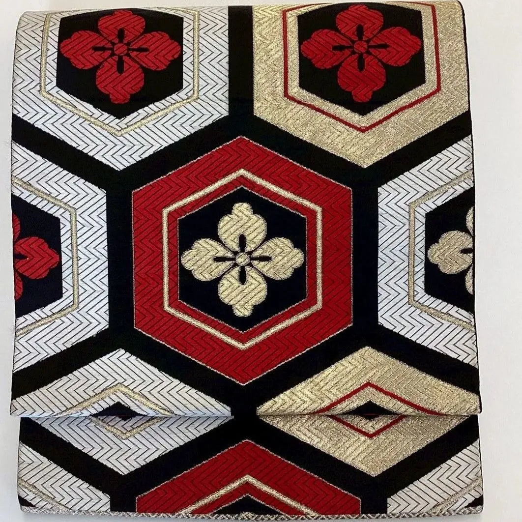 7274# Japanese Vintage Fukuro Obi Belt Kimono Fabric Silk Traditional Black