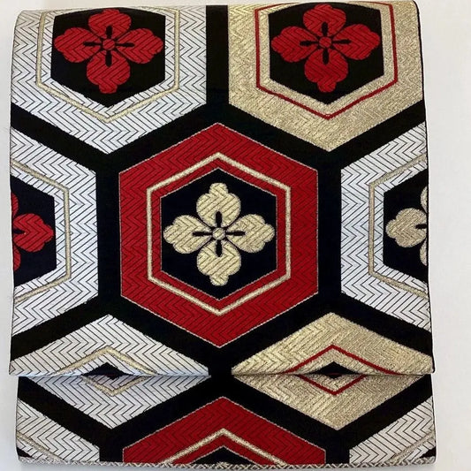 7274# Japanese Vintage Fukuro Obi Belt Kimono Fabric Silk Traditional Black