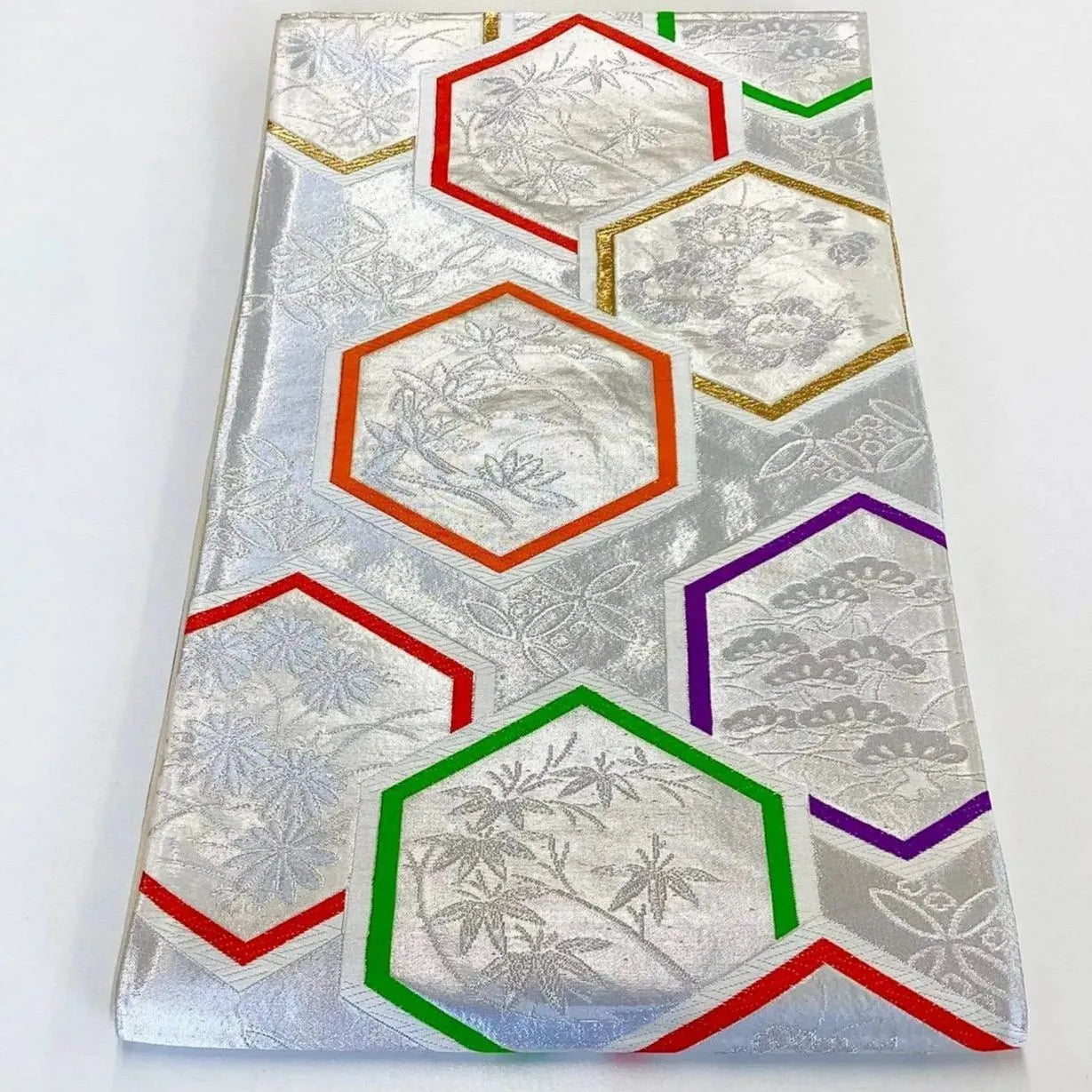 7275# Japanese Vintage Fukuro Obi Belt Kimono Fabric Silk Traditional Silver