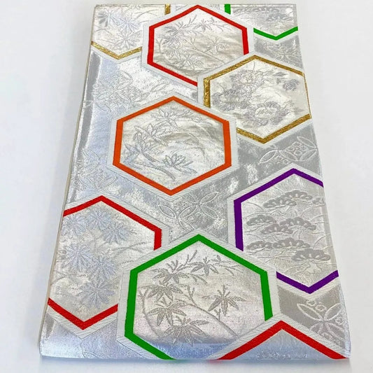 7275# Japanese Vintage Fukuro Obi Belt Kimono Fabric Silk Traditional Silver