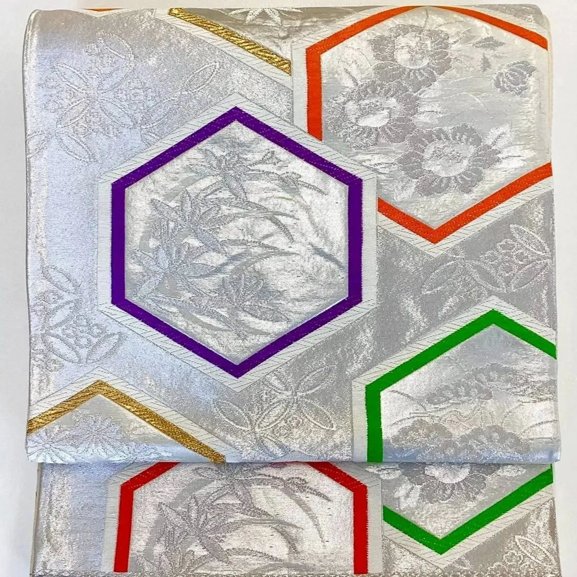 7275# Japanese Vintage Fukuro Obi Belt Kimono Fabric Silk Traditional Silver