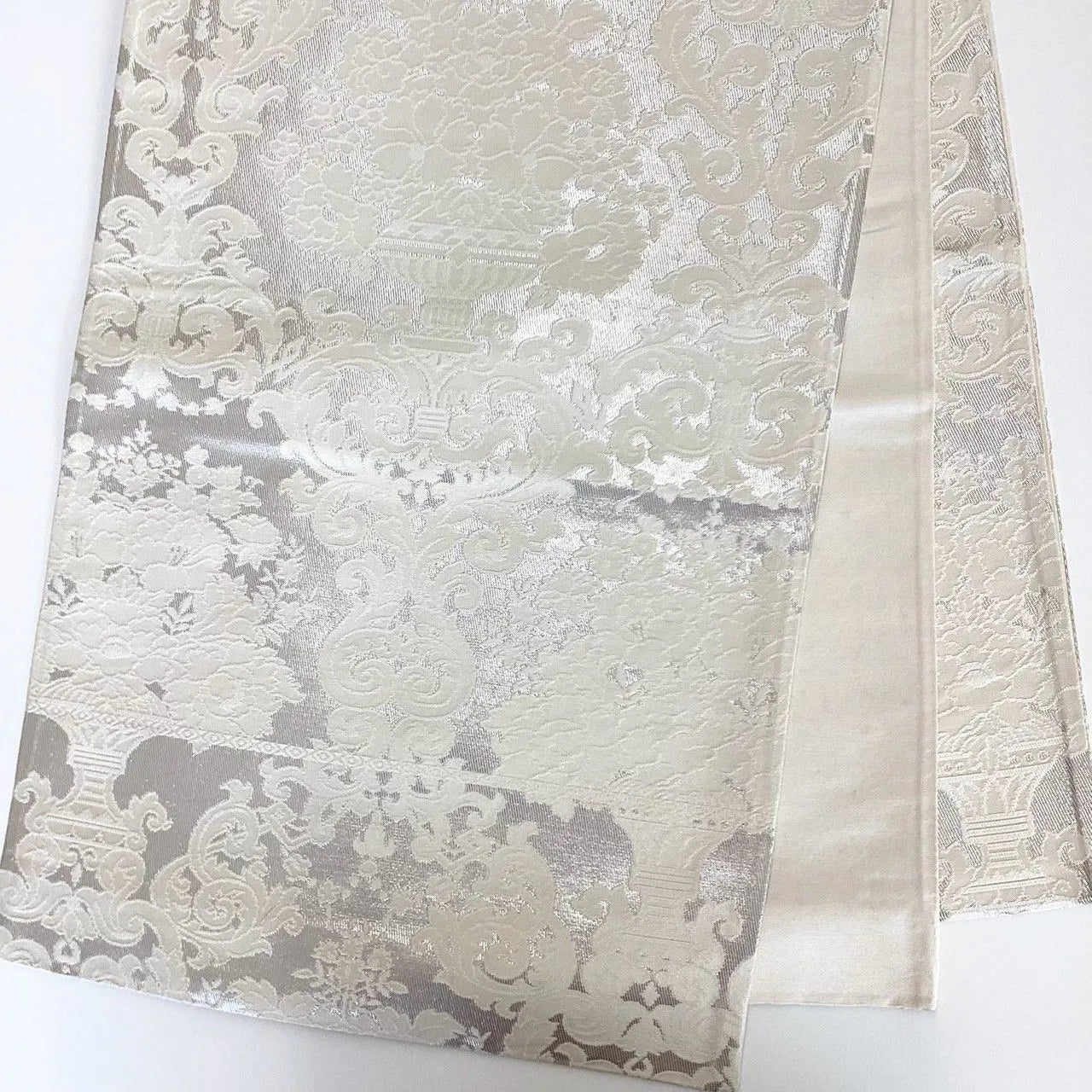 7290# Japanese Vintage Fukuro Obi Belt Kimono Fabric Silk Traditional Silver
