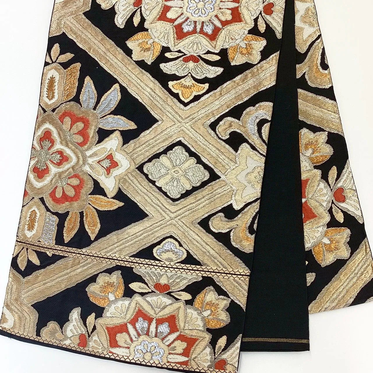 7291# Japanese Vintage Fukuro Obi Belt Kimono Fabric Silk Traditional Black