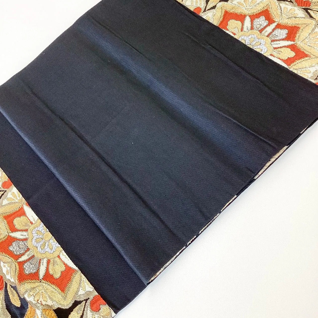 7291# Japanese Vintage Fukuro Obi Belt Kimono Fabric Silk Traditional Black