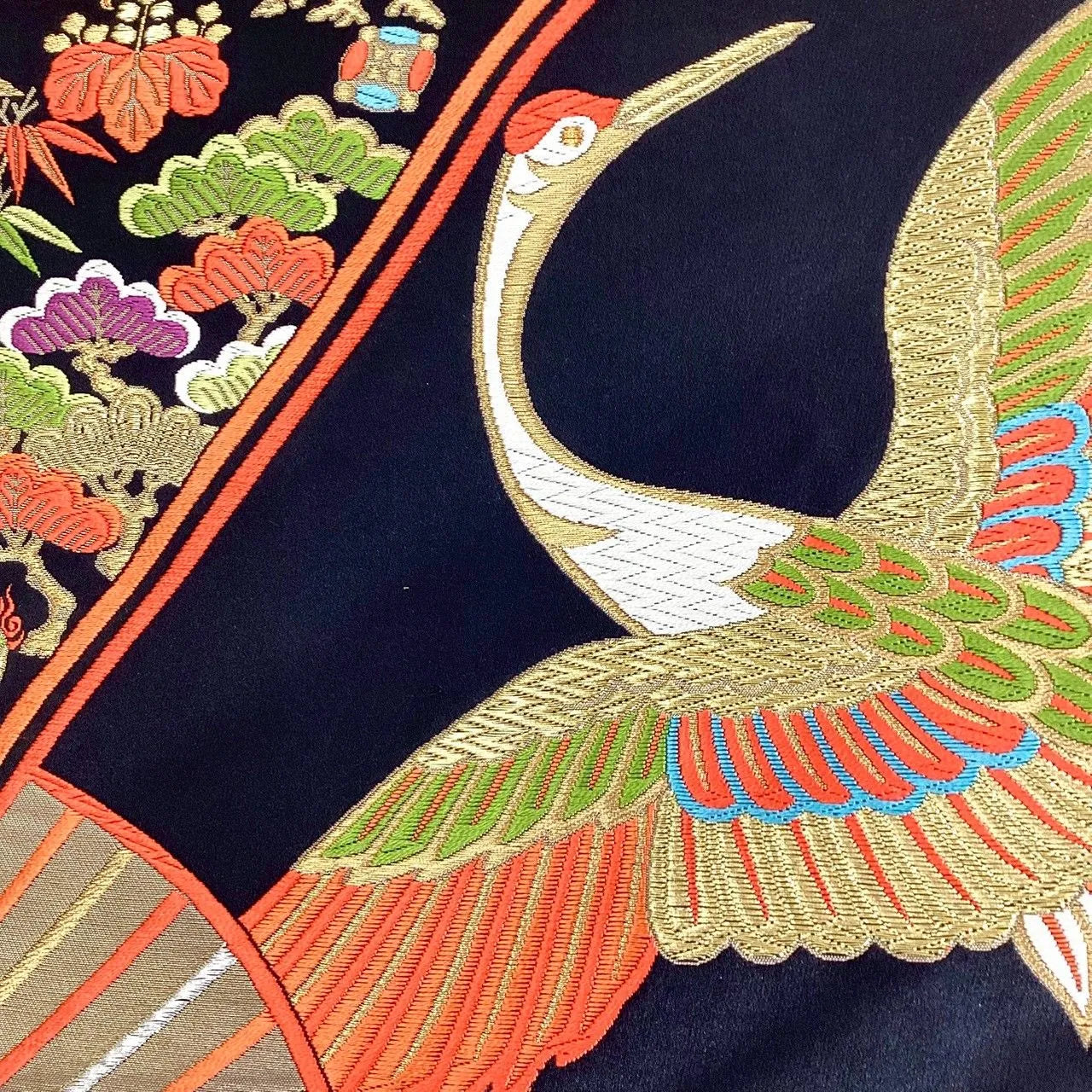 7297# Japanese Vintage Fukuro Obi Belt Kimono Fabric Silk Traditional Black