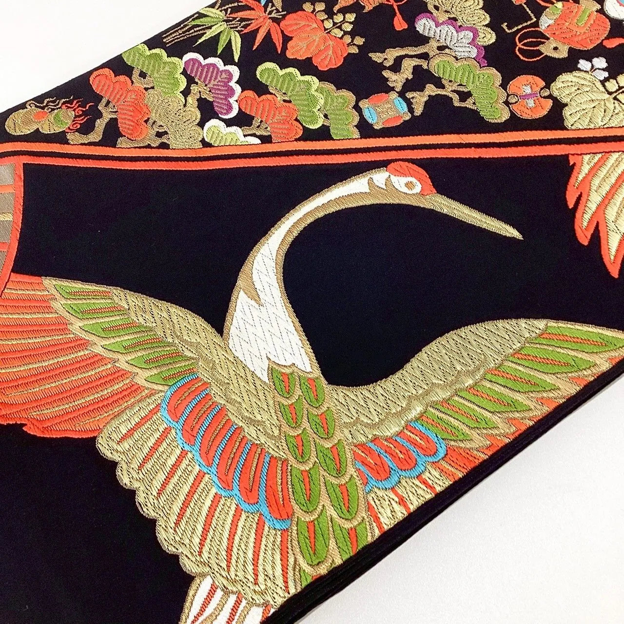 7297# Japanese Vintage Fukuro Obi Belt Kimono Fabric Silk Traditional Black