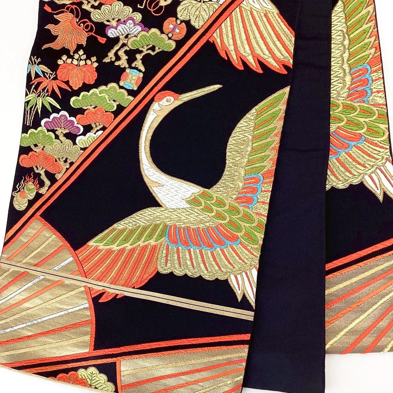 7297# Japanese Vintage Fukuro Obi Belt Kimono Fabric Silk Traditional Black