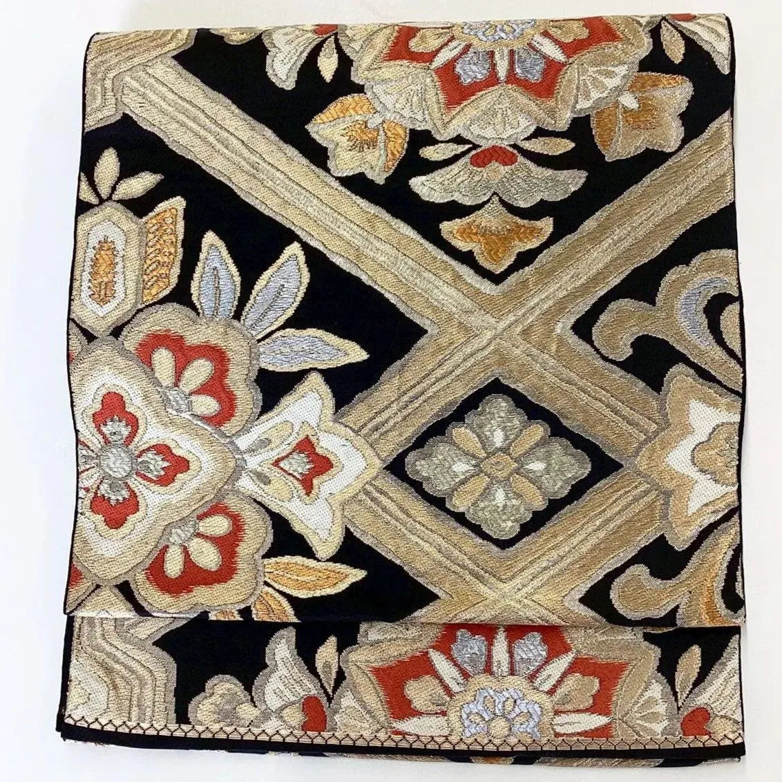 7291# Japanese Vintage Fukuro Obi Belt Kimono Fabric Silk Traditional Black