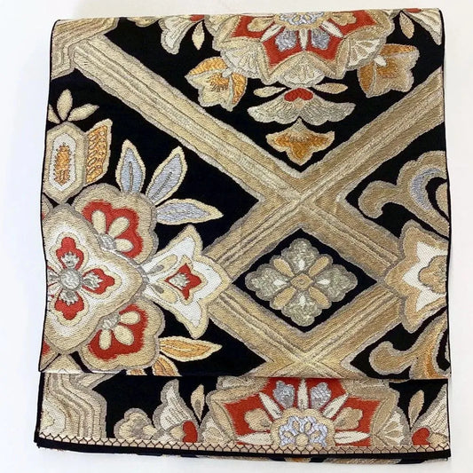 7291# Japanese Vintage Fukuro Obi Belt Kimono Fabric Silk Traditional Black