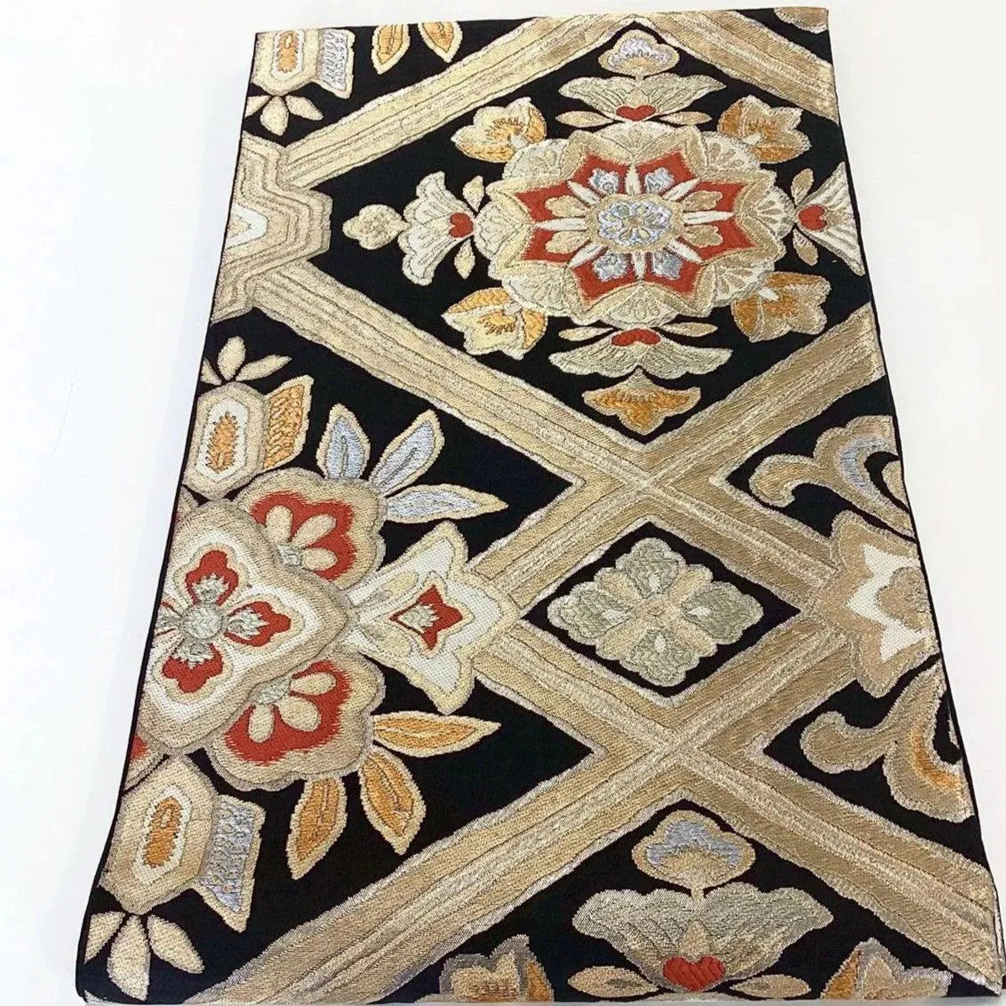 7291# Japanese Vintage Fukuro Obi Belt Kimono Fabric Silk Traditional Black