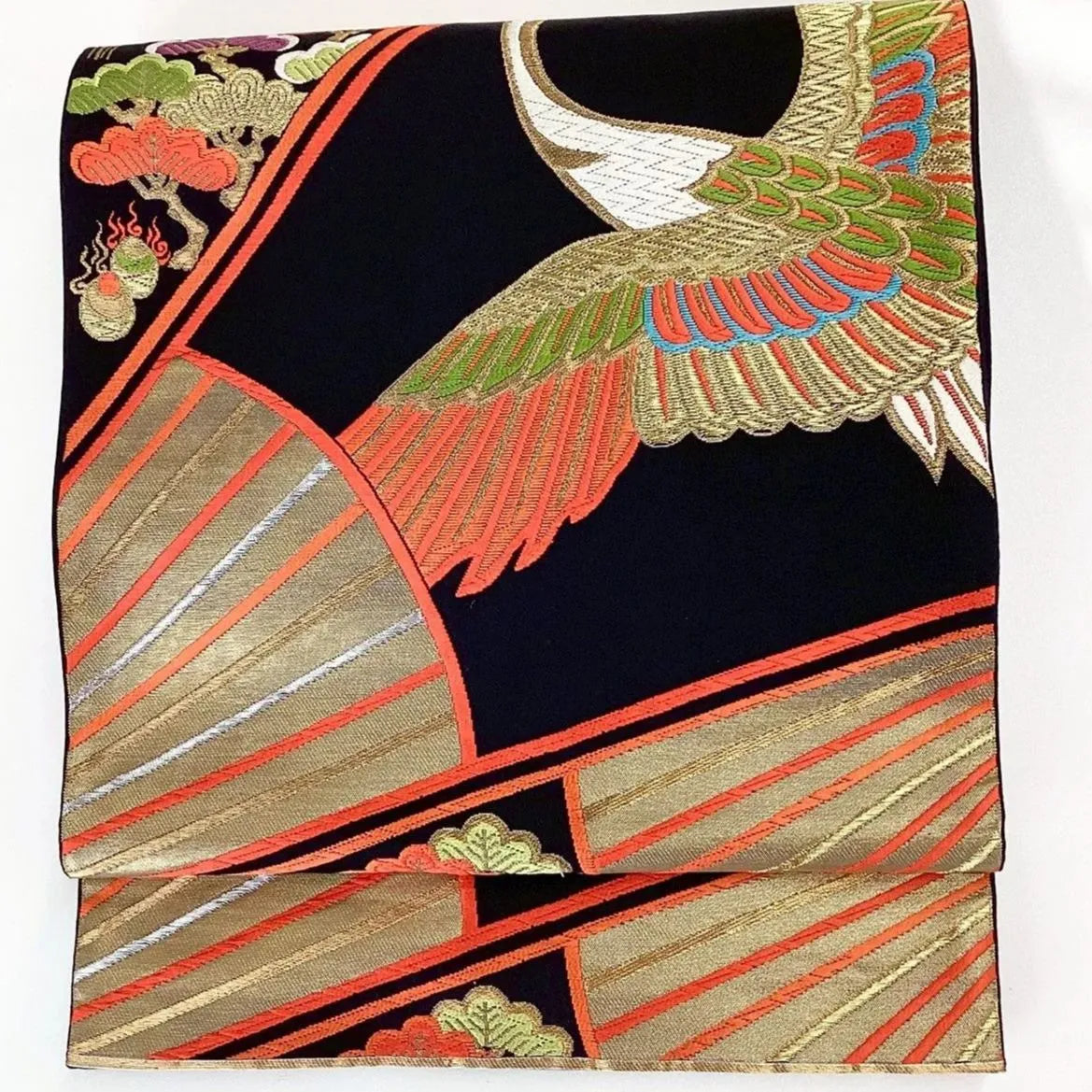 7297# Japanese Vintage Fukuro Obi Belt Kimono Fabric Silk Traditional Black