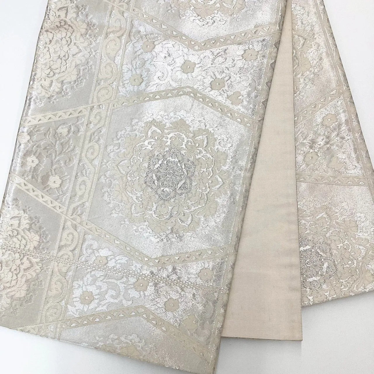 7302# Japanese Vintage Fukuro Obi Belt Kimono Fabric Silk Traditional Silver