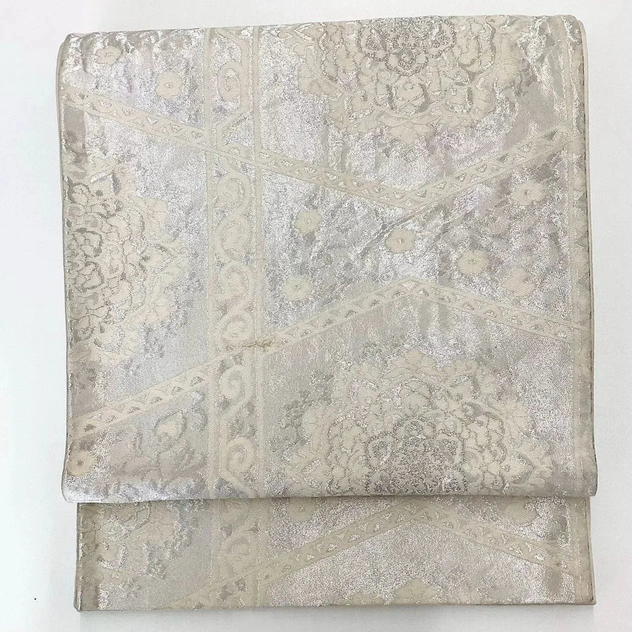 7302# Japanese Vintage Fukuro Obi Belt Kimono Fabric Silk Traditional Silver