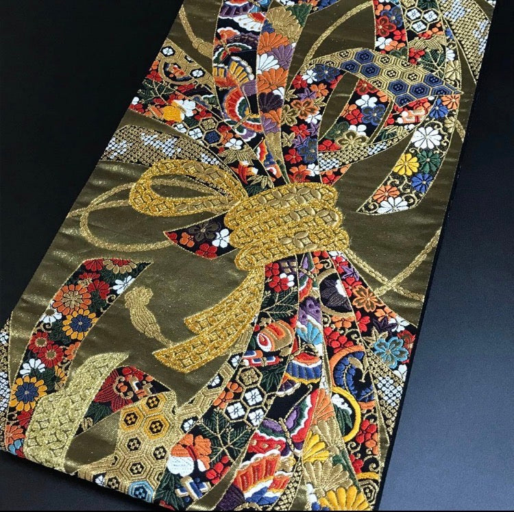 1186# Japanese Vintage Fukuro Obi Belt Kimono Fabric Silk Traditional Gold