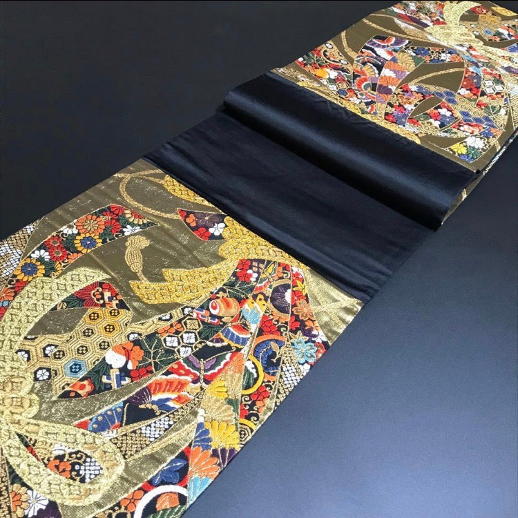 1186# Japanese Vintage Fukuro Obi Belt Kimono Fabric Silk Traditional Gold