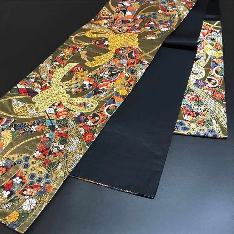 1186# Japanese Vintage Fukuro Obi Belt Kimono Fabric Silk Traditional Gold