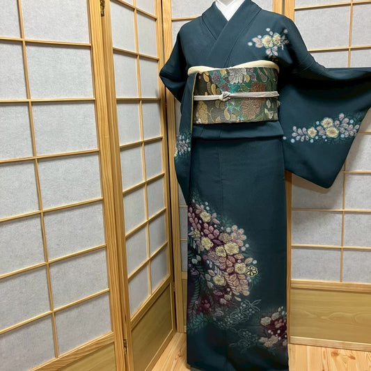 5818# Japanese Kimono Vintage Womens Silk Fabric Robe Kimono only sold