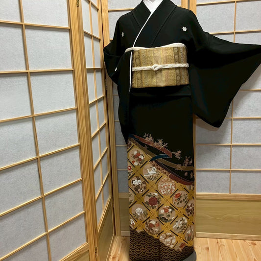 6102# Japanese Tomesode Kimono Vintage Womens Silk Fabric Robe Kimono only sold