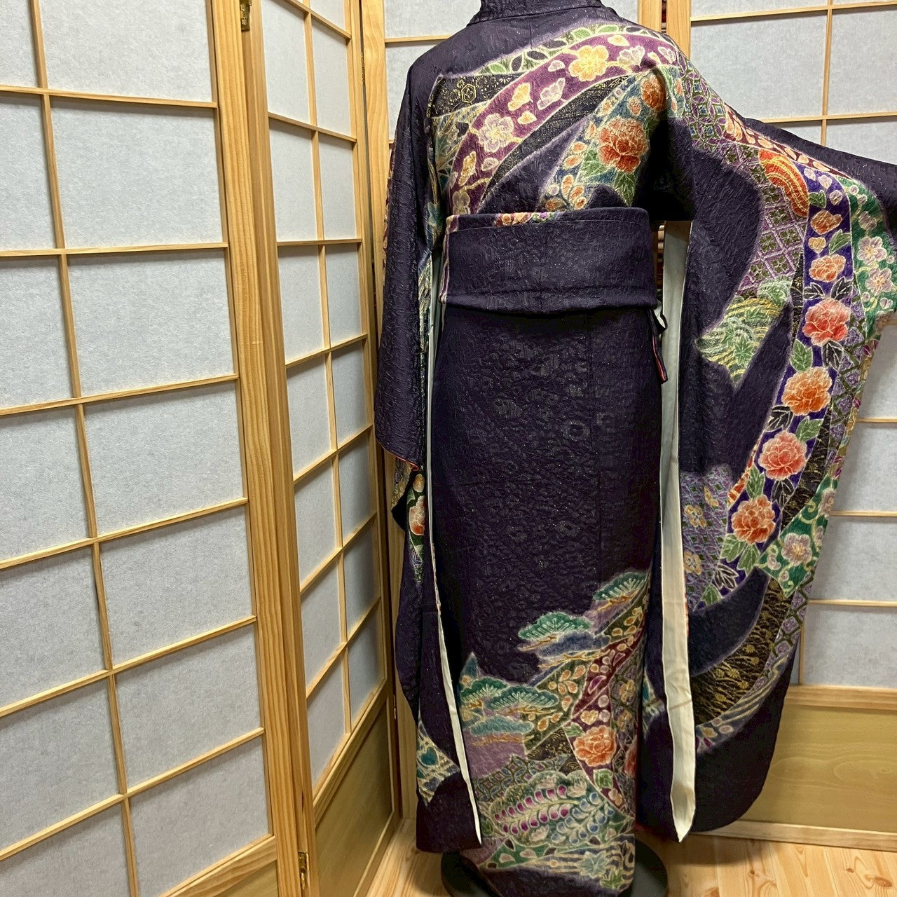 6132# Japanese Vintage Furisode Kimono Obi Obijime Obiage 4-Piece Set Silk Robe