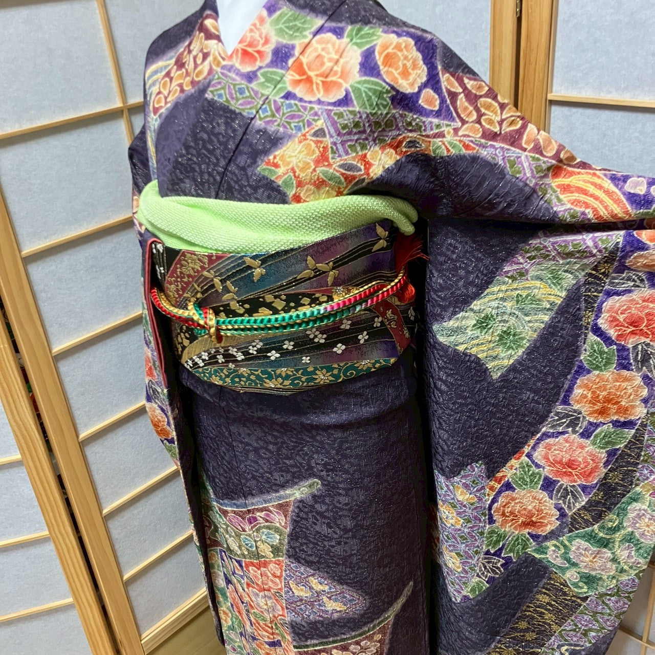 6132# Japanese Vintage Furisode Kimono Obi Obijime Obiage 4-Piece Set Silk Robe