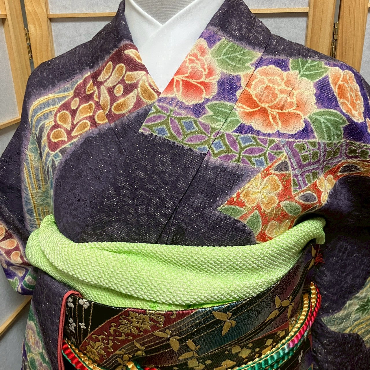 6132# Japanese Vintage Furisode Kimono Obi Obijime Obiage 4-Piece Set Silk Robe