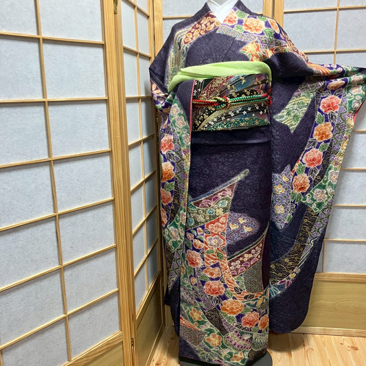 6132# Japanese Vintage Furisode Kimono Obi Obijime Obiage 4-Piece Set Silk Robe