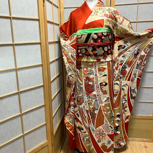 6140# Japanese Vintage Furisode Kimono Obi Obijime Obiage 4-Piece Set Silk Robe