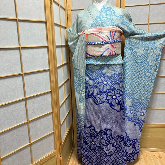 6141# Japanese Vintage Furisode Kimono Obi Obijime Obiage 4-Piece Set Silk Robe