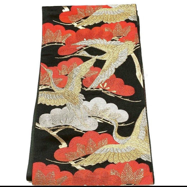 6145# Japanese Vintage Furisode Kimono Obi Obijime Obiage 4-Piece Set Silk Robe
