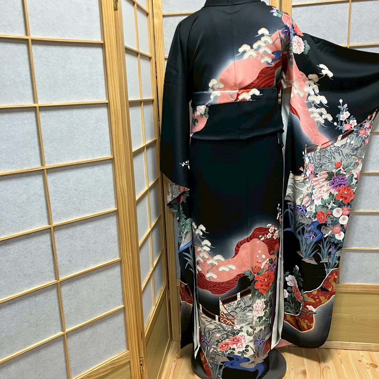 6145# Japanese Vintage Furisode Kimono Obi Obijime Obiage 4-Piece Set Silk Robe