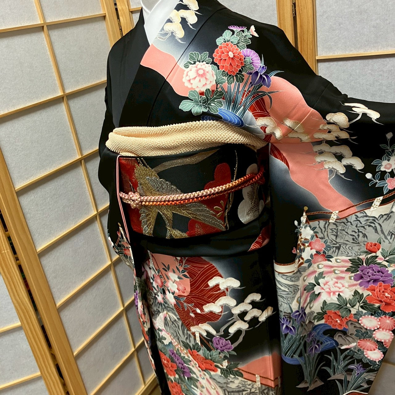 6145# Japanese Vintage Furisode Kimono Obi Obijime Obiage 4-Piece Set Silk Robe