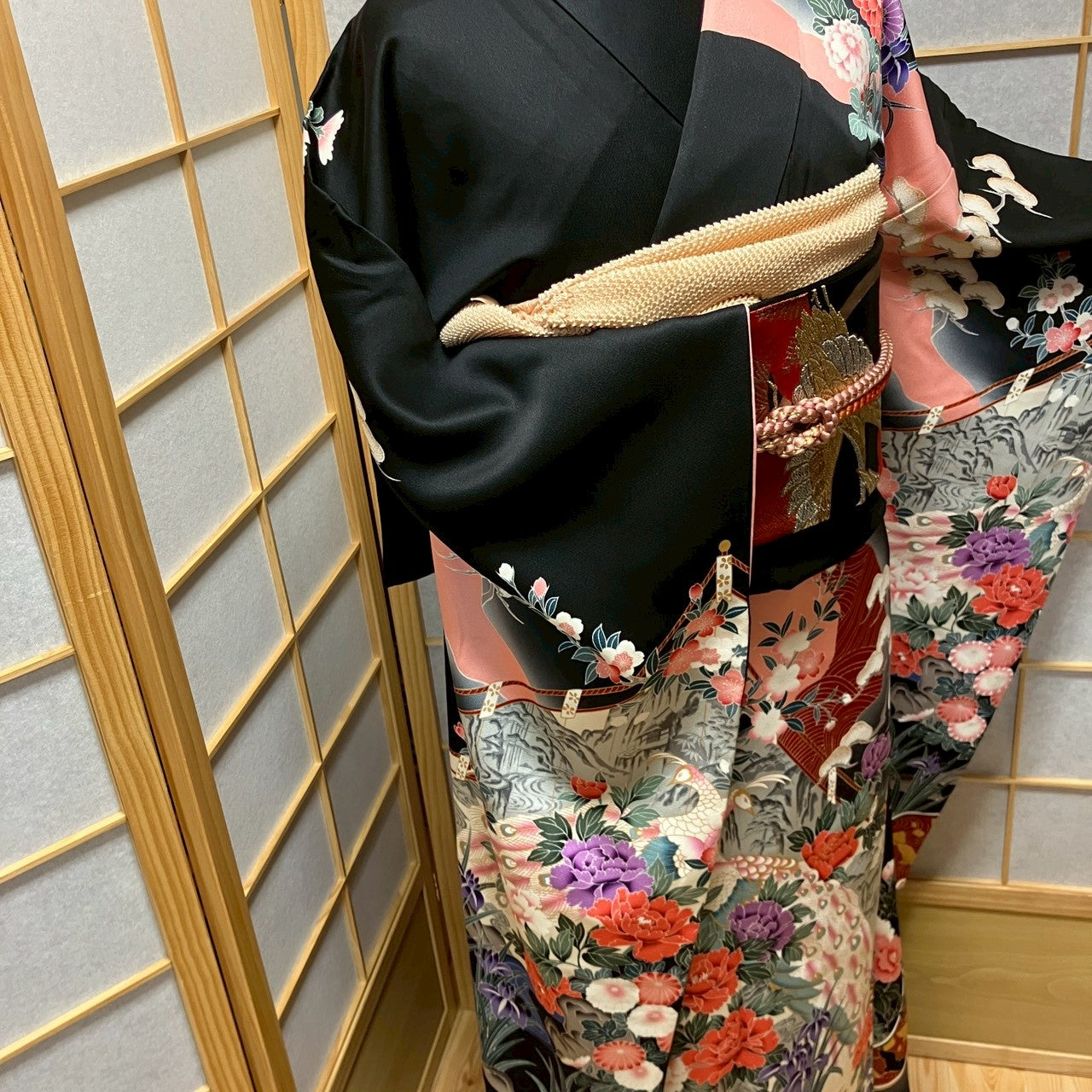 6145# Japanese Vintage Furisode Kimono Obi Obijime Obiage 4-Piece Set Silk Robe