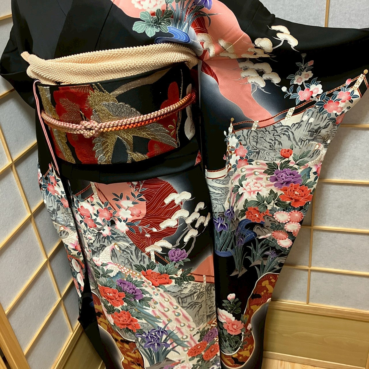 6145# Japanese Vintage Furisode Kimono Obi Obijime Obiage 4-Piece Set Silk Robe