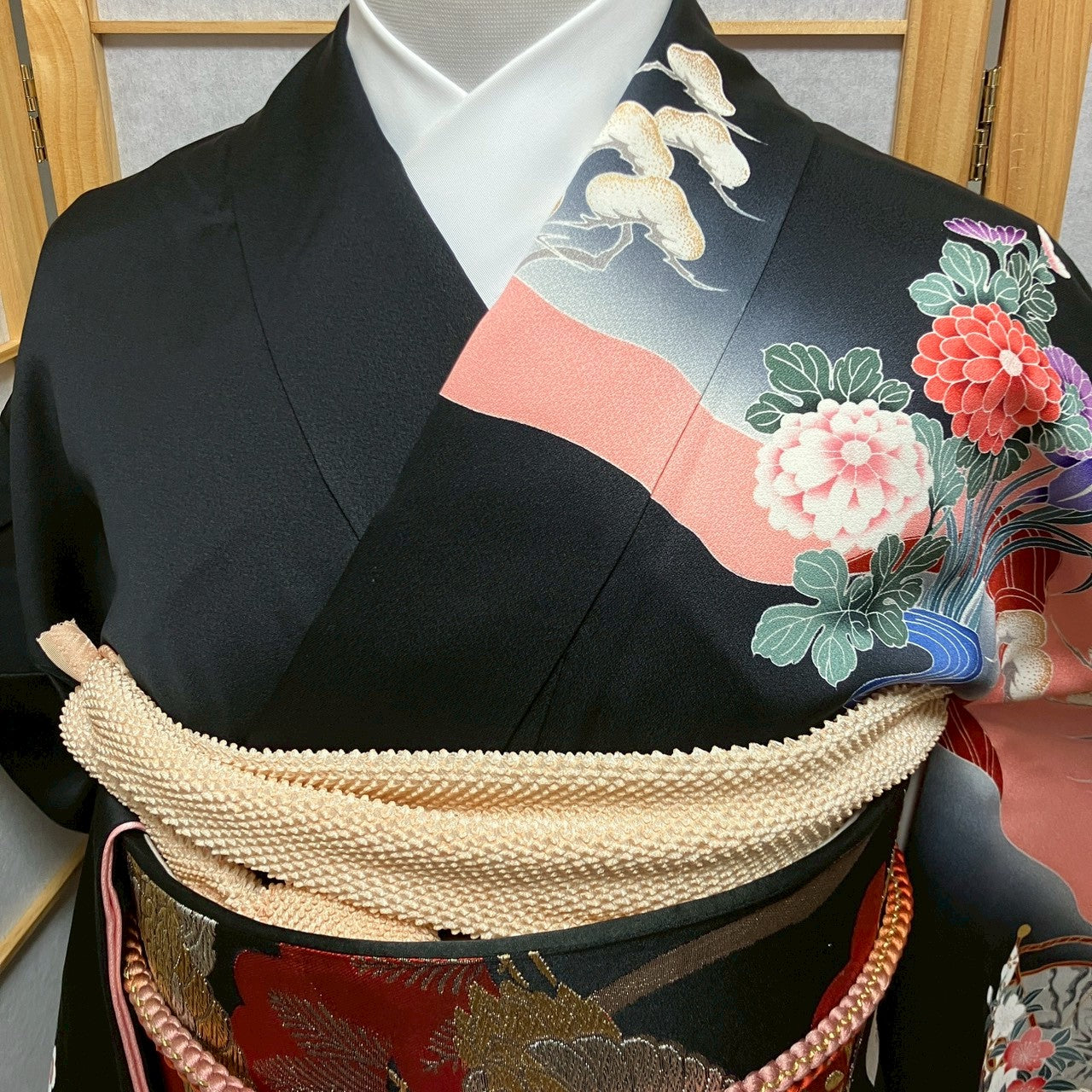 6145# Japanese Vintage Furisode Kimono Obi Obijime Obiage 4-Piece Set Silk Robe