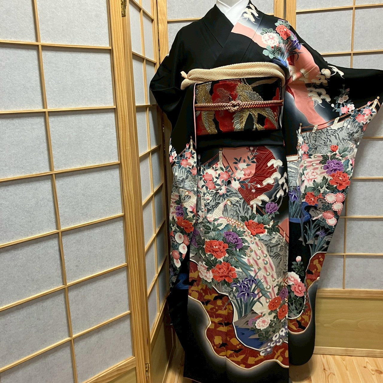 6145# Japanese Vintage Furisode Kimono Obi Obijime Obiage 4-Piece Set Silk Robe