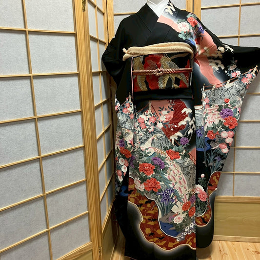 6145# Japanese Vintage Furisode Kimono Obi Obijime Obiage 4-Piece Set Silk Robe