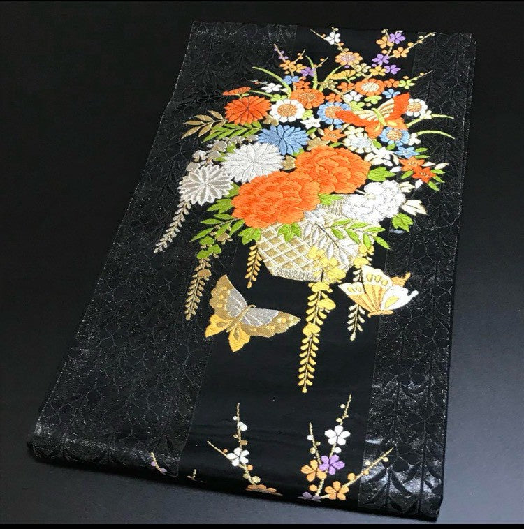 6169# Japanese Vintage Furisode Kimono Obi Obijime Obiage 4-Piece Set Silk Robe