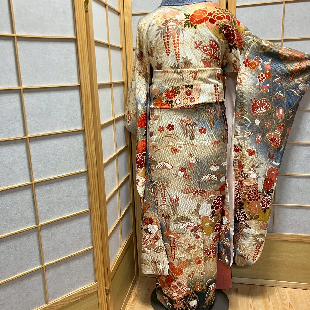 6169# Japanese Vintage Furisode Kimono Obi Obijime Obiage 4-Piece Set Silk Robe