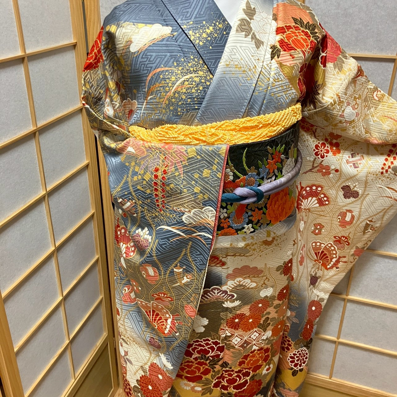 6169# Japanese Vintage Furisode Kimono Obi Obijime Obiage 4-Piece Set Silk Robe