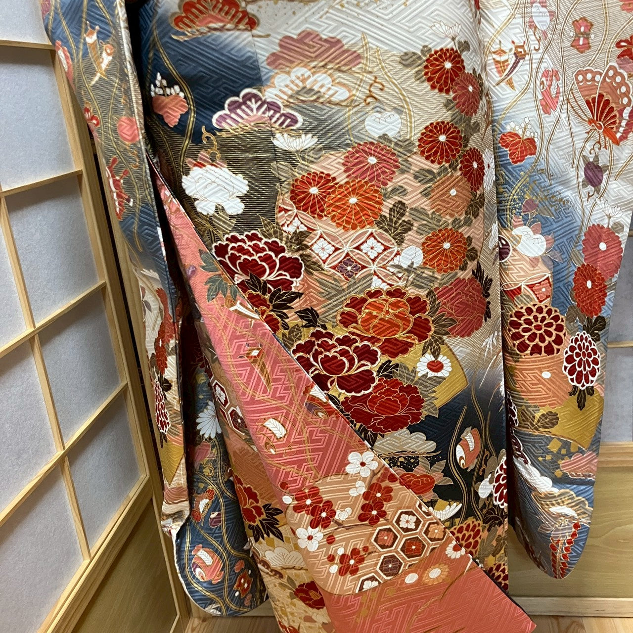 6169# Japanese Vintage Furisode Kimono Obi Obijime Obiage 4-Piece Set Silk Robe