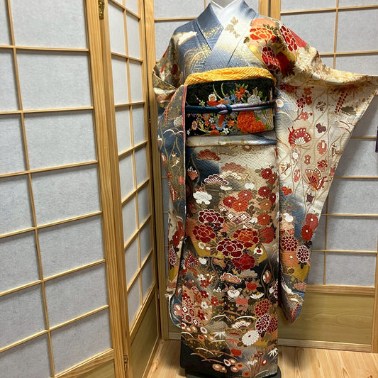 6169# Japanese Vintage Furisode Kimono Obi Obijime Obiage 4-Piece Set Silk Robe