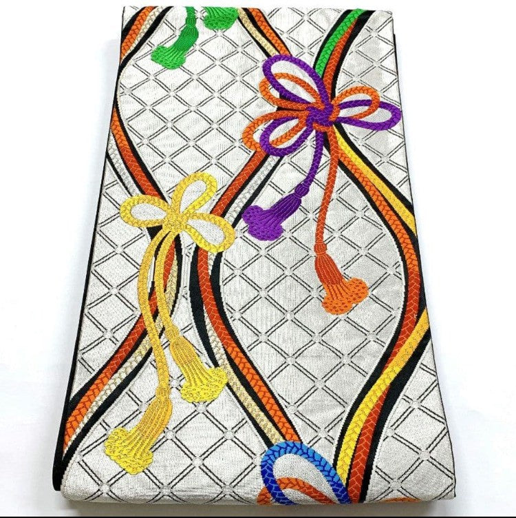 6170# Japanese Vintage Furisode Kimono Obi Obijime Obiage 4-Piece Set Silk Robe