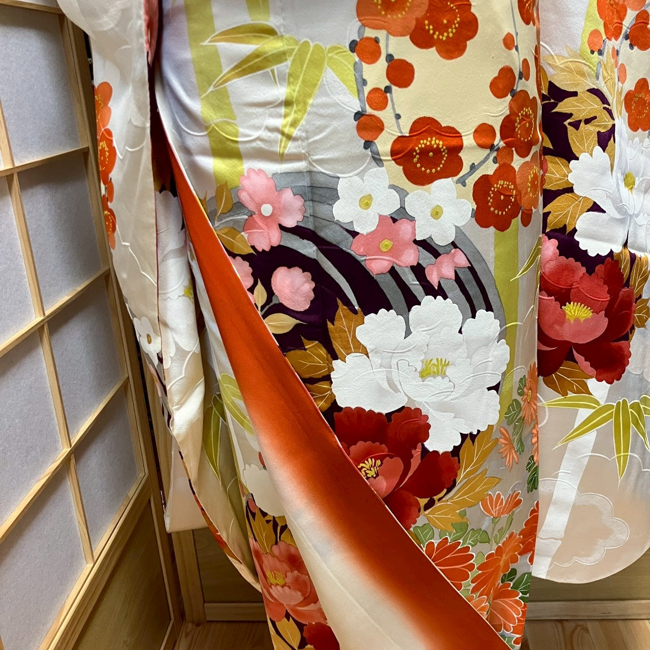 6170# Japanese Vintage Furisode Kimono Obi Obijime Obiage 4-Piece Set Silk Robe