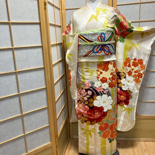 6170# Japanese Vintage Furisode Kimono Obi Obijime Obiage 4-Piece Set Silk Robe