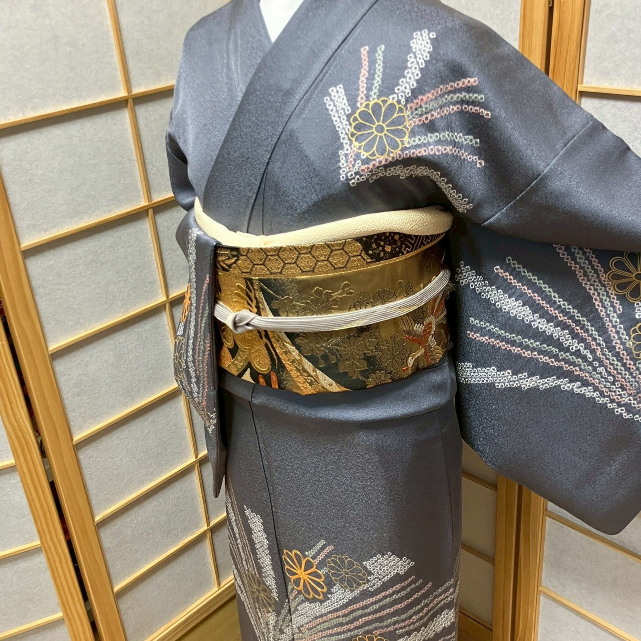 6438# Japanese Kimono Vintage Womens Silk Fabric Robe Kimono only sold Shibori